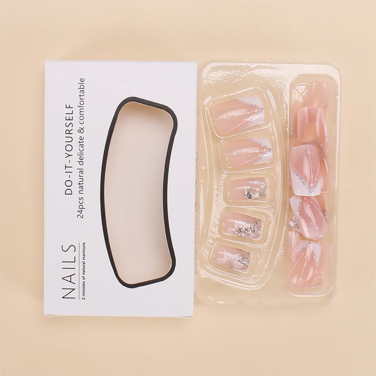 short square press on nails – French Tip 24-Piece Set