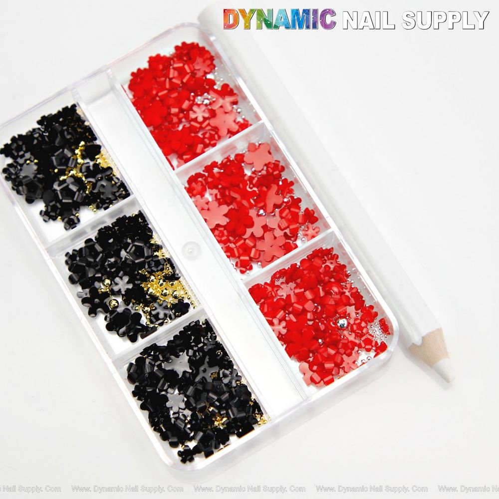 Small 3D Flower Nail Charms: Black & Red Set for Nail Art